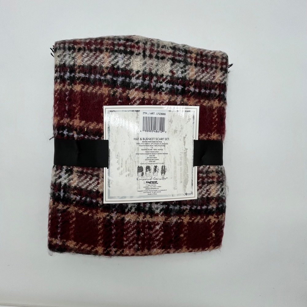 Emanuel Geraldo Hat and Blanket Scarf Set Plaid Burgundy Black Pom Beanie New - Picture 3 of 5